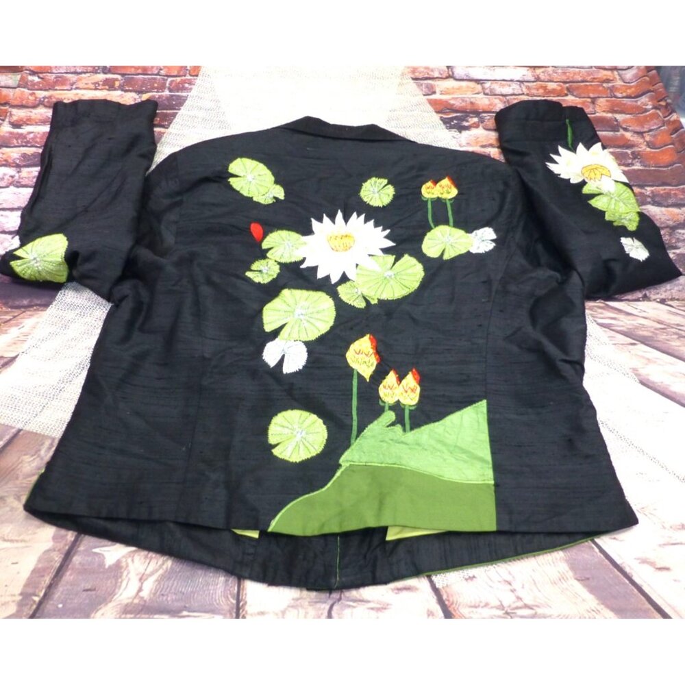 Handcrafted Tunic Nights Black Silk Jacket With Embroidered Lotus Flowers & Gree - Picture 11 of 11